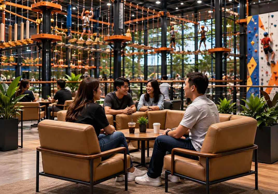 Spectator viewing lounge beside indoor rope course