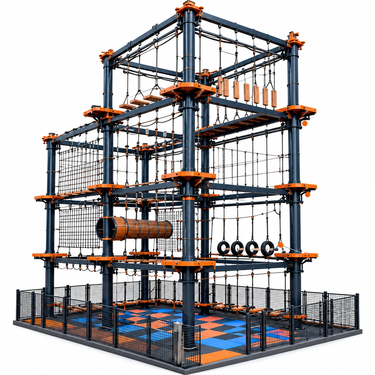 Commercial indoor rope course structure with steel columns safety track platforms nets and challenge elements